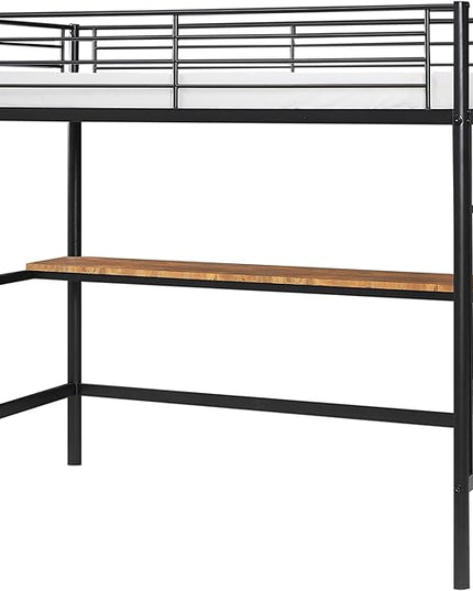VECELO Metal Loft Bed Twin Size with Desk, Heavy Duty Bedframe with Removable Ladder and Safety Guardrail, Space-Saving, Noise Free, No Box Spring Needed, Black - LeafyLoom