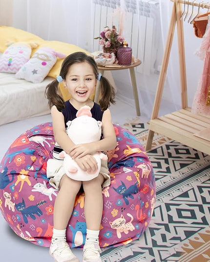 Stuffed Animal Storage Bean Bag Chair Cover, Hold Kids Plush Toys Blankets Towels Beanbag (Cover Only), Canvas Floor Circle Stuff Sit Seat Sofa with YKK Zipper, Large 32", Cat - LeafyLoom