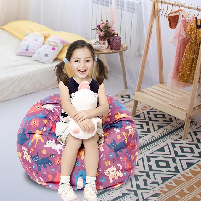 Stuffed Animal Storage Bean Bag Chair Cover, Hold Kids Plush Toys Blankets Towels Beanbag (Cover Only), Canvas Floor Circle Stuff Sit Seat Sofa with YKK Zipper, Large 32", Cat - LeafyLoom