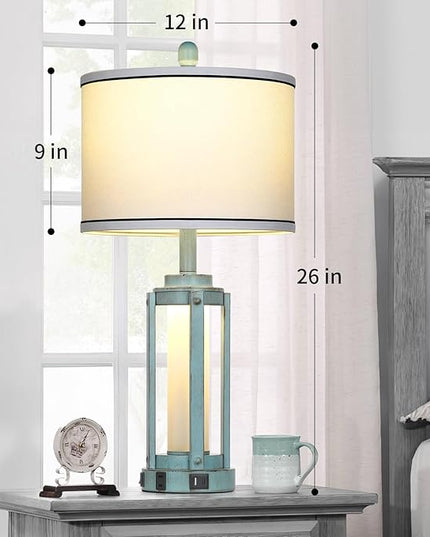 Farmhouse Lamps Set of 2, 26" Vintage Rustic Industrial Beside Lamps with USB A+C Charging Ports & AC Outlet, Nightstand Metal Lamp with LED Night Light & Fabric Shade for Living Room Bedrooms Blue - LeafyLoom