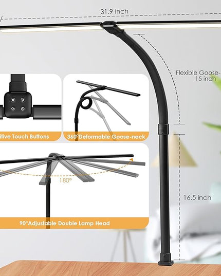 Led Desk Lamp for Office Home - 24W Double Head Architect Desk Light with Clamp & Timer, Eye Caring Folding Table Lamp Gaming Desktop Computer LED Lights Desk Supplies for Workbench Studing Drafting - LeafyLoom