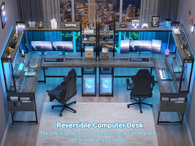 Aheaplus L Shaped Desk with Power Outlet, L Shaped Gaming Desk with Led Light & Hutch, Reversible Home Office Desk, Corner Computer Desk Writing Desk with Monitor Stand & Storage Shelves, Grey Oak - LeafyLoom