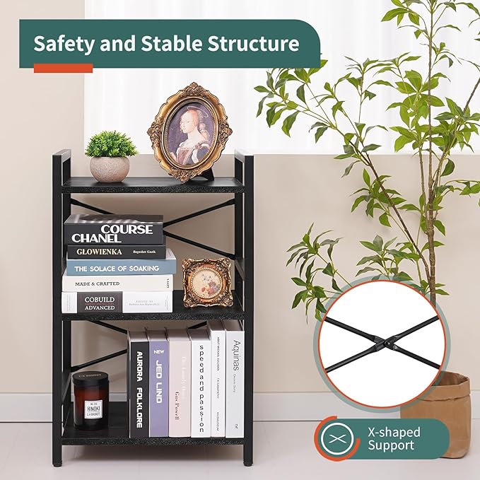 Yoobure Bookshelf Small Book Shelf, Solid Industrial 3 Tier Shelf Bookcase, Short Book Case for Bedroom, Living Room, Office Home, Small Spaces, Black - LeafyLoom