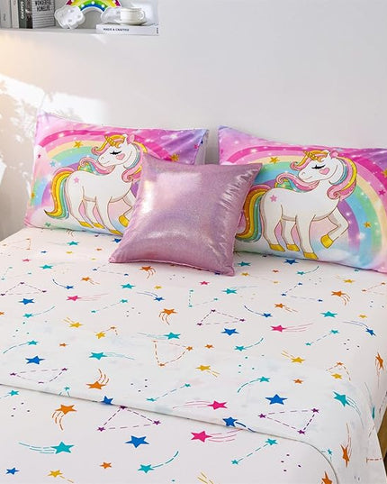 Aimuan Girls Unicorn Comforter Set 6 Pieces Pink Purple Bedding Set with Rainbow Star Galaxy Stars Fantasy Children Room Decor Soft Reversible Bed Sets for Boys/Girls/Teens (Rainbow Full6Pcs) - LeafyLoom