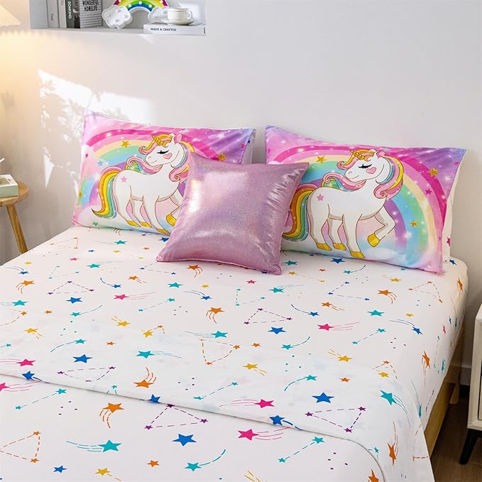 Aimuan Girls Unicorn Comforter Set 6 Pieces Pink Purple Bedding Set with Rainbow Star Galaxy Stars Fantasy Children Room Decor Soft Reversible Bed Sets for Boys/Girls/Teens (Rainbow Twin6Pcs) - LeafyLoom