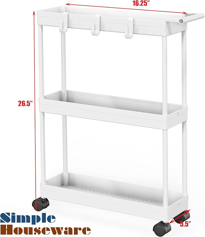 Simple Houseware Kitchen Cart Storage 3-Tier Slim/Super Narrow Shelves with Handle, 26.5'' Height/5.5'' Width for Narrow Place, White - LeafyLoom