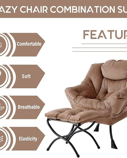 LITA Lazy Chair with Ottoman, Modern Accent Leisure Upholstered Sofa Chair, Contemporary Lounge Reading Chair with Armrests and a Side Pocket for Living Room, Bedroom & Small Space, Dark Brown - LeafyLoom