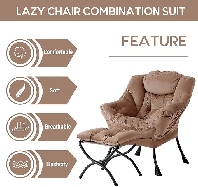 LITA Lazy Chair with Ottoman, Modern Accent Leisure Upholstered Sofa Chair, Contemporary Lounge Reading Chair with Armrests and a Side Pocket for Living Room, Bedroom & Small Space, Dark Brown - LeafyLoom