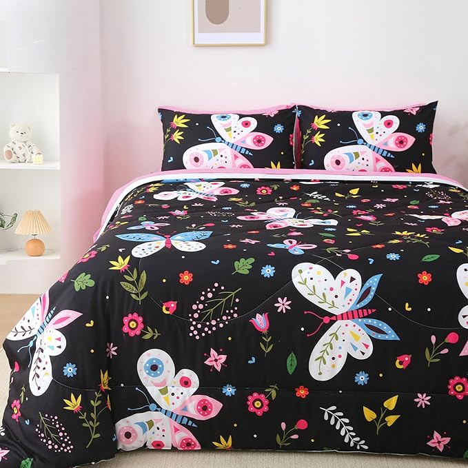 Girls Butterfly Comforter Set Queen Size Black 7 Piece Bed in A Bag Colorful Flowers Leaves Bedding Set for Kids Teens Adults Super Soft All Season - LeafyLoom