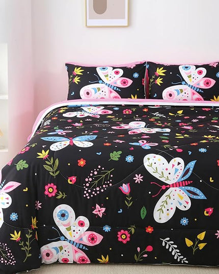 Girls Butterfly Comforter Set Twin Size Black 7 Piece Bed in A Bag Colorful Flowers Leaves Bedding Set for Kids Teens Super Soft All Season - LeafyLoom