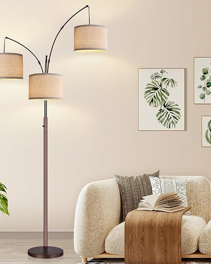 Dimmable Floor Lamp, 3 Lights Brown Arc Floor Lamps for Living Room, Modern Tall Standing Tree Lamp with Beige Linen Shade & Heavy Base, Large Floor Lamp for Bedroom Office, 3x1000 LM Bulbs Included - LeafyLoom