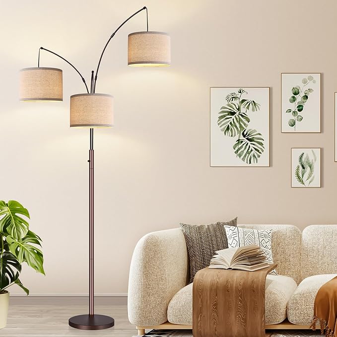 Dimmable Floor Lamp, 3 Lights Brown Arc Floor Lamps for Living Room, Modern Tall Standing Tree Lamp with Beige Linen Shade & Heavy Base, Large Floor Lamp for Bedroom Office, 3x1000 LM Bulbs Included - LeafyLoom
