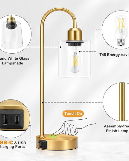 Innqoo Gold Industrial Touch Table Lamps for Bedrooms Set of 2-3-Way Dimmable Nightstand Lamps with USB C+A Ports and Outlet, Gold Bedside Lamps with Glass Shade, Desk Lamps for Home Office - LeafyLoom