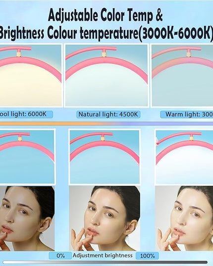 Lash Light Esthetician Lamp for Lash Extensions - LED Floor Lash Lamp Half Moon Ring Facial Light for Eyelash Tech with Pallets & Phone Holder Light for Tattoo Artists, Nail Tech X Pink - LeafyLoom