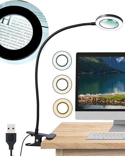 Desk Magnifying Glass with Light 5X, Clip on Desk Light with 3 Light Color, 5w LED Desk Lamp with Clamp 10 Adjustable Brightness, Flexible Gooseneck Craft Light Desk Lamps for Home Office - LeafyLoom