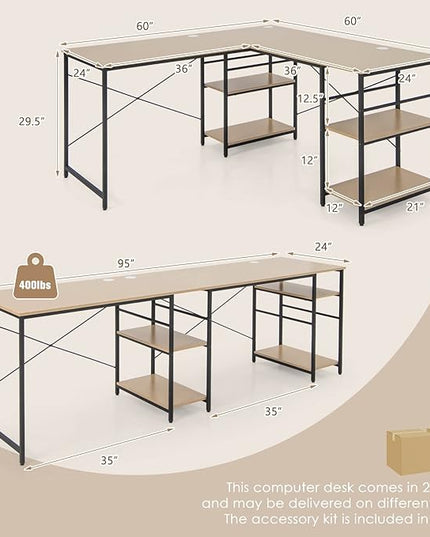 L-Shaped Home Office Desk, Corner Computer Desk w/Monitor Stand, Reversible PC Desk w/Heavy-Duty Metal Frame, Long Office Desk for 2 Person, Space-Saving Design (Natural) - LeafyLoom