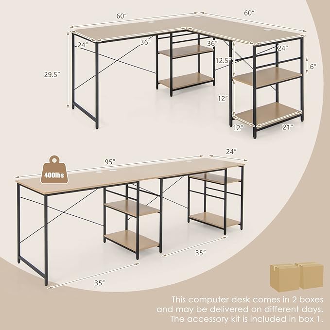 L-Shaped Home Office Desk, Corner Computer Desk w/Monitor Stand, Reversible PC Desk w/Heavy-Duty Metal Frame, Long Office Desk for 2 Person, Space-Saving Design (Natural) - LeafyLoom
