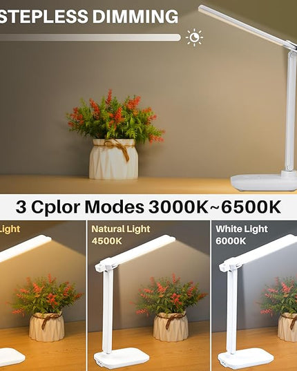 LED Desk Lamp Dimmable Double Head Reading Lamp with USB Charging Port, 3 Lighting Modes, Sensitive Control, Eye-Caring Office Lamp for Study Reading Drafting (White) - LeafyLoom