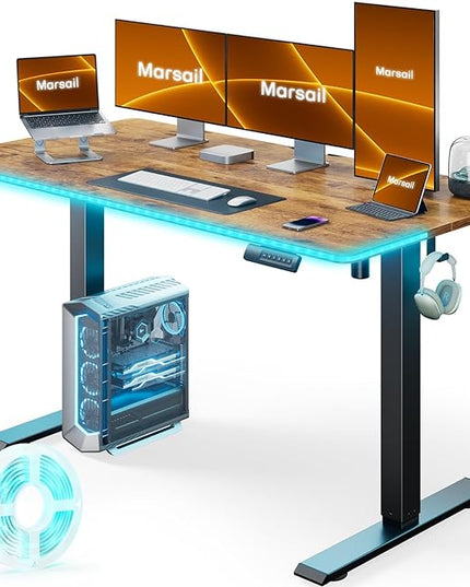 Marsail Electric Standing Desk Adjustable Height, 55 * 24 Inch Sit Stand up Desk for Home Office Furniture Computer Desk with 3 Memory Presets, Headphone Hook, Rustic Brown - LeafyLoom