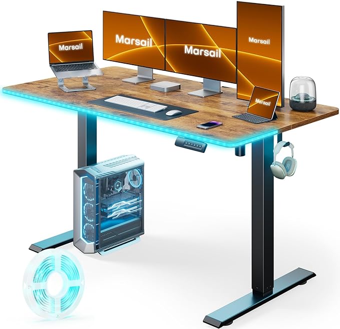 Marsail Electric Standing Desk Adjustable Height, 55 * 24 Inch Sit Stand up Desk for Home Office Furniture Computer Desk with 3 Memory Presets, Headphone Hook, Rustic Brown - LeafyLoom