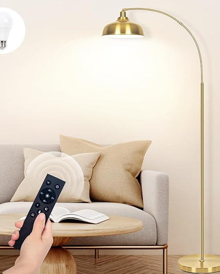 Gold Floor Lamps for Living Room- Arc Floor Lamps with 9W Bulb, 360° Adjustable Metal Shade, Remote Control Dimmable Floor Lamp, Over Couch Mid Century Modern Brass Floor Lamp for Bedroom, Office - LeafyLoom