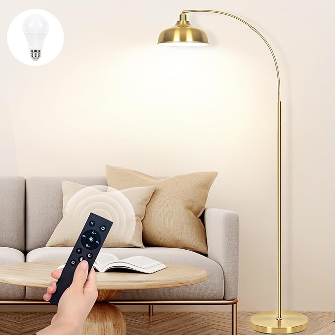 Gold Floor Lamps for Living Room- Arc Floor Lamps with 9W Bulb, 360° Adjustable Metal Shade, Remote Control Dimmable Floor Lamp, Over Couch Mid Century Modern Brass Floor Lamp for Bedroom, Office - LeafyLoom