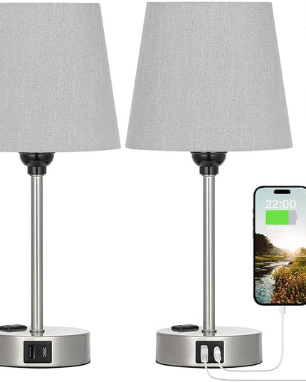 Table Lamps for Bedrooms Set of 2 Bedside - Nightstand Bedroom Lamp with USB C Port and AC Outlet Charging, Dimmable Touch Small End Side Lamp, Grey Night Stand Light for Kid/Guest Room/Living Room - LeafyLoom