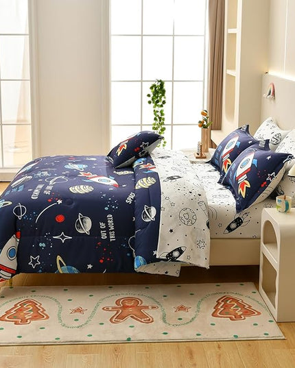 8 Piece Kid Comforter Set Twin Size Bed in a Bag, Space Rocket Bedding Set for Teen Boys Girls - LeafyLoom