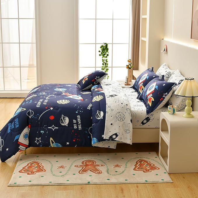 8 Piece Kid Comforter Set Twin Size Bed in a Bag, Space Rocket Bedding Set for Teen Boys Girls - LeafyLoom