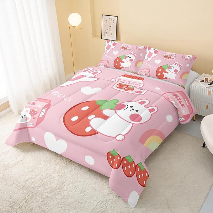 Strawberry Rabbit Comforter Set for Kids Teens Girls Women,Pink Bunny Kids Comforter,1 Comforter with 2 Pillowcase, Microfiber 3 Piece Bedding Set,for All Seasons(Pink，Full Size) - LeafyLoom