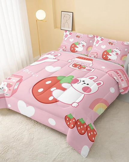 Strawberry Rabbit Comforter Set for Kids Teens Girls Women,Pink Bunny Kids Comforter,1 Comforter with 2 Pillowcase, Microfiber 3 Piece Bedding Set,for All Seasons(Pink，Twin Size) - LeafyLoom