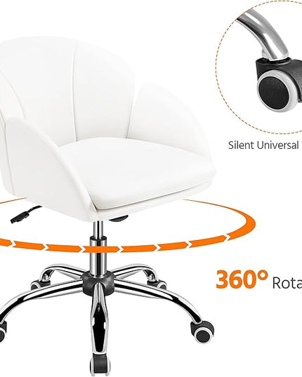 Yaheetech Cute Petal Desk Chair Home Office Swivel Upholstered Leather Makeup Vanity with Armrests for Bedroom Modern Computer Rolling Women White - LeafyLoom