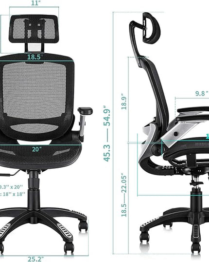 GABRYLLY Ergonomic Mesh Office Chair, High Back Desk Chair - Adjustable Headrest with Flip-Up Arms, Tilt Function, Lumbar Support and PU Wheels, Swivel Computer Task Chair - LeafyLoom