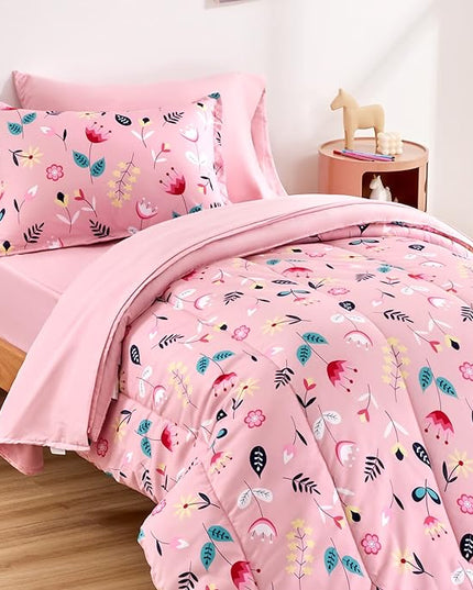 SLEEP ZONE Kids Twin Bedding Comforter Set - Super Cute & Soft Kids Bedding 5 Pieces Set with Comforter, Sheet, Pillowcase & Sham (Pink Flower) - LeafyLoom