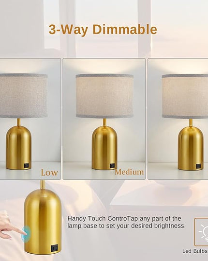 Set of 2 Table Lamps with USB C+A Ports, Touch Control Lamps for Bedside and Nightstand in Bedroom, 3-Way Dimmable Modern Lamp for Desk, Living Room, Office, LED Bulbs Included(Gold & Gray) - LeafyLoom