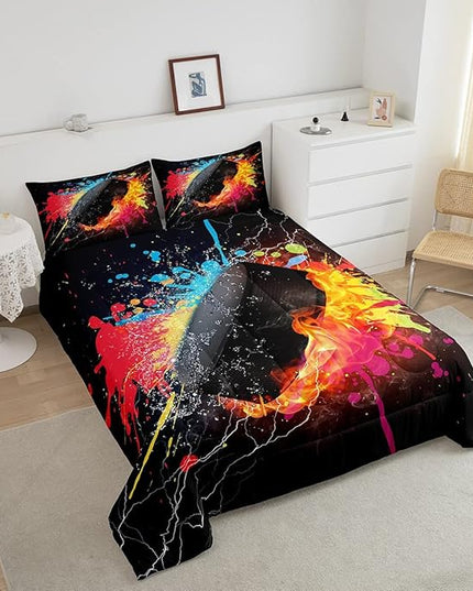 Erosebridal Hockey Bedding Set for Teen Boys Kids Winter Sports Twin Comforter Set Grunge Hippie Tie Dye Ball Bed Comforter Sets Red Blue Fire and Water Lightning Quilt Duvet Insert 1 Pillow Case - LeafyLoom