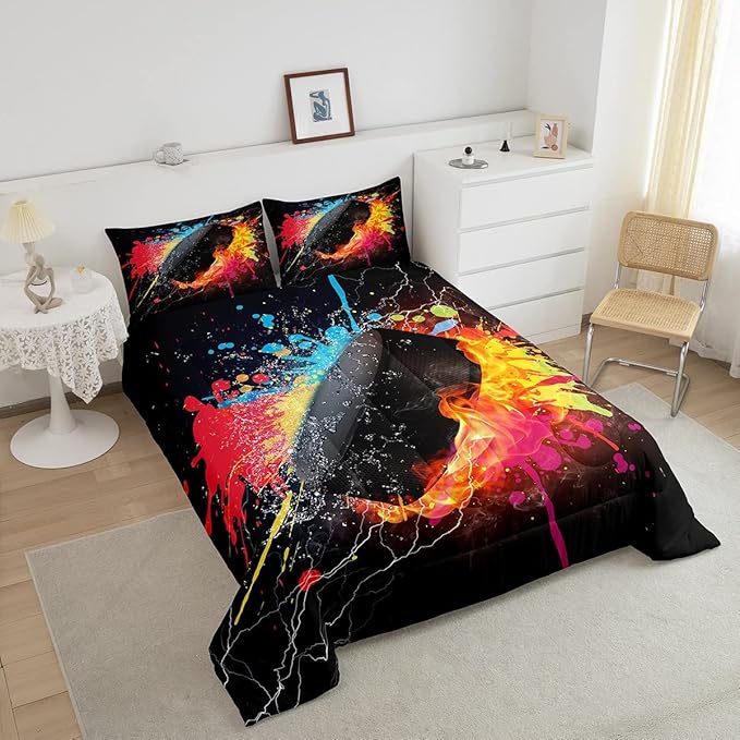 Erosebridal Hockey Bedding Set for Teen Boys Kids Winter Sports Full Comforter Set Grunge Hippie Tie Dye Ball Bed Comforter Sets Red Blue Fire and Water Lightning Quilt Duvet Insert 2 Pillow Cases - LeafyLoom
