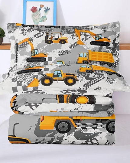 3-Pcs Construction Kids Bedding Set for Boys, Reversible Twin Truck Bed Comforter Set, Cartoon Excavator Car Printed Bedding Sets with Tire Marks - LeafyLoom