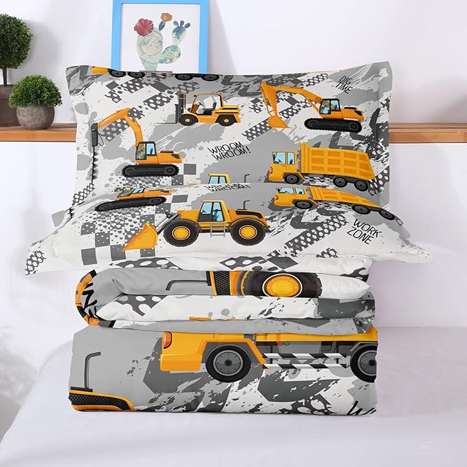 3-Pcs Construction Kids Bedding Set for Boys, Reversible Twin Truck Bed Comforter Set, Cartoon Excavator Car Printed Bedding Sets with Tire Marks - LeafyLoom