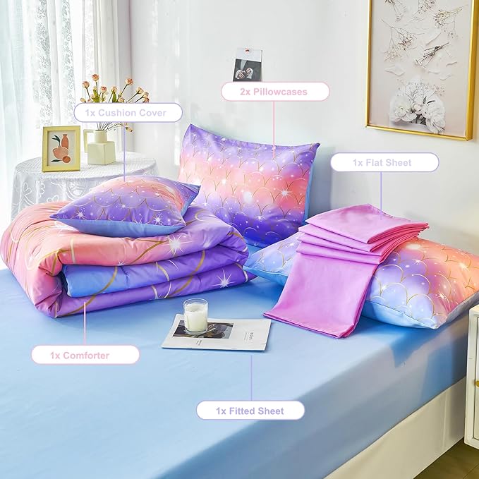 PERFEMET Mermaid Scales Queen Comforter Set 6 Pieces Purple Orange Comforter for Queen Size Bed Teen Girls Glitter Bedding Set Rainbow Tie Dye Bed in A Bag - LeafyLoom