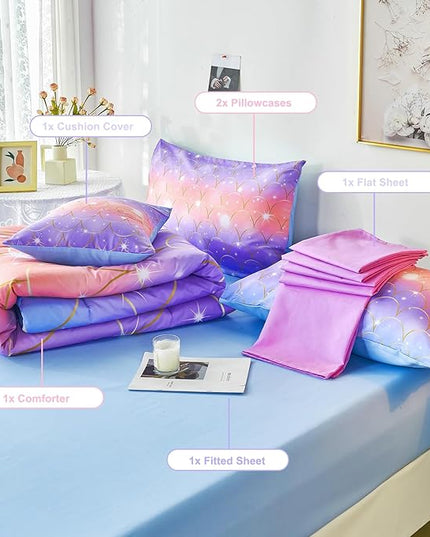 PERFEMET Purple Mermaid Twin Comforter Set for Girls, 6 Pieces Colorful Rainbow Twin Bedding Sets, Tie Dye Ombre Glitter Bed in A Bag Comforter Set with Sheets - LeafyLoom