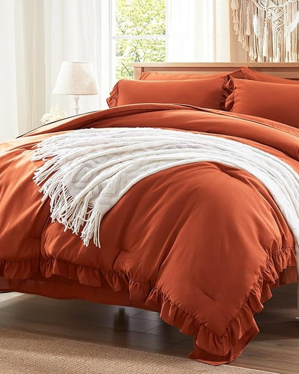 Anluoer Queen Comforter Set 7 Piece, Burnt Orange Bed in a Bag with Sheets, All Season Ruffle Shabby Chic Bedding Sets with 1 Comforter, 2 Pillow Shams, 2 Pillowcases, 1 Flat Sheet, 1 Fitted Sheet - LeafyLoom