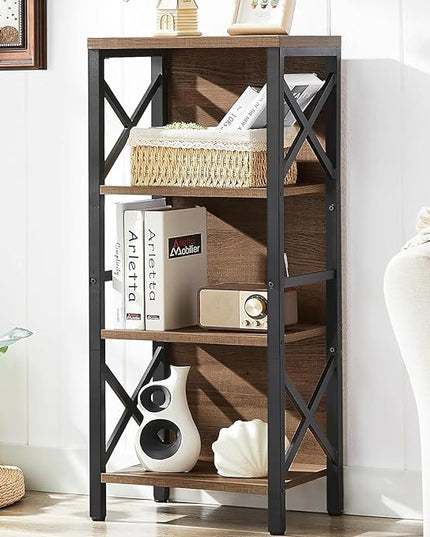 Bookcase, Industrial Small Bookshelf,4-Tier Narrow Bookcase Storage Organizer, Small Book Shelf for Small Spaces, Living Room, Bedroom and Home Office, Brown - LeafyLoom