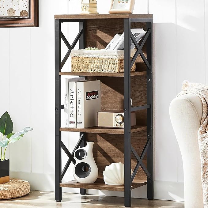 Bookcase, Industrial Small Bookshelf,4-Tier Narrow Bookcase Storage Organizer, Small Book Shelf for Small Spaces, Living Room, Bedroom and Home Office, Brown - LeafyLoom