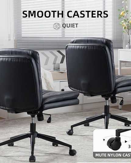 Armless Office Chair with Wheels Wide Desk Chair Leather Mid Back Accent Chair Padded Swivel Vanity Chair for Girl Women Computer Task Chair for Home Office (Leather, Black) - LeafyLoom