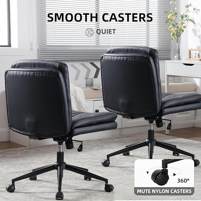 Armless Office Chair with Wheels Wide Desk Chair Leather Mid Back Accent Chair Padded Swivel Vanity Chair for Girl Women Computer Task Chair for Home Office (Leather, Black) - LeafyLoom