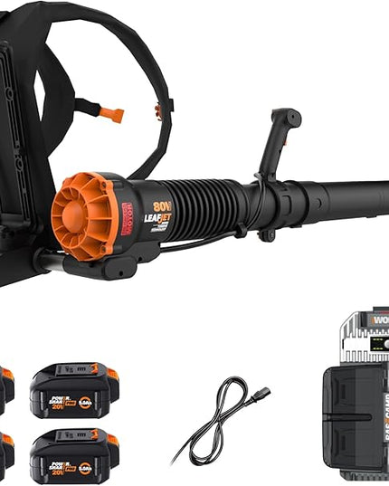Worx Nitro 80V Cordless Leaf Blower, 800 CFM 150 MPH, Brushless Backpack Electric Leaf Blower WG572, Turbine Fan, Variable Air Control – 4 PowerShare Batteries, Basecamp Charger Included - LeafyLoom