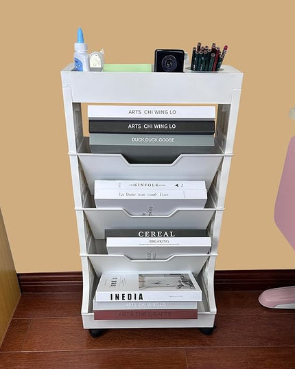 5 Tier Rolling Book Utility Cart, Removable Movable Bookshelf Organizer with Wheels, Storage Book Shelves, Book Rack, Mobile White Bookcase for Study in Classroom Home School Office - LeafyLoom