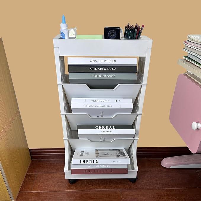 5 Tier Rolling Book Utility Cart, Removable Movable Bookshelf Organizer with Wheels, Storage Book Shelves, Book Rack, Mobile White Bookcase for Study in Classroom Home School Office - LeafyLoom