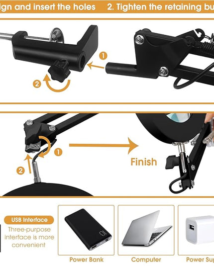 5X Magnifying Glass with Light and Stand, Real Glass Desk Lamp & Clamp, Craft Light Lamp with 3 Color Modes, LED Lighted Magnifier with Light for Hobby Reading Crafts Repair Close Works(Black) - LeafyLoom